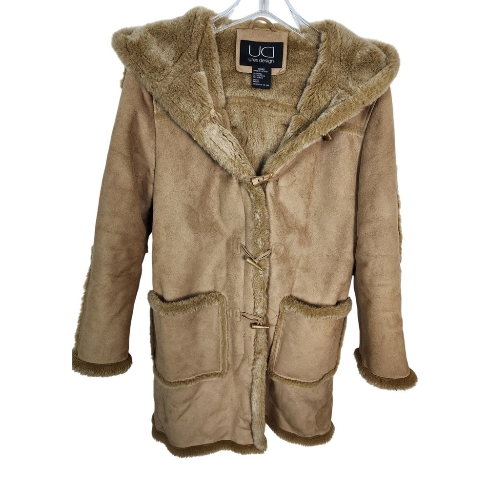 UTEX Design Mid-Length Hooded Faux Suede & Fur‎ Trim Toggle Coat Womens Sz S